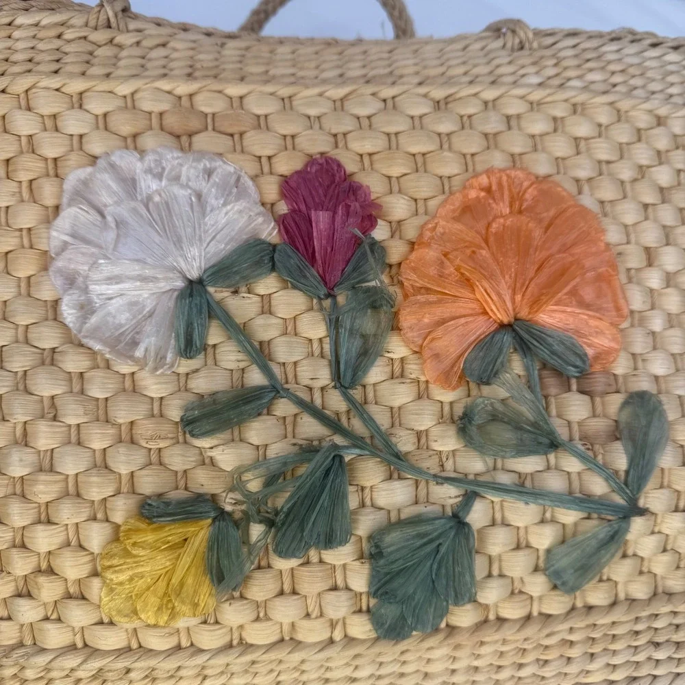 Vintage Woven Straw Tote Bag Raffia Floral Embroidery Boho Basket Beach Bag Tan - Picture 3 of 14